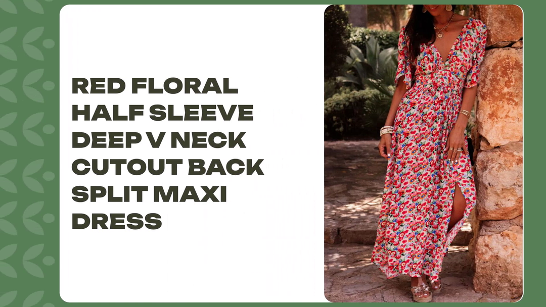 Red Floral Half Sleeve Deep V Neck Cutout Back Split Maxi Dress by@Outfy