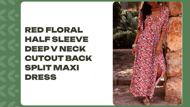 Red Floral Half Sleeve Deep V Neck Cutout Back Split Maxi Dress by@Outfy