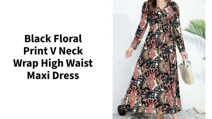 Black Floral Print V Neck Wrap High Waist Maxi Dress by@Outfy