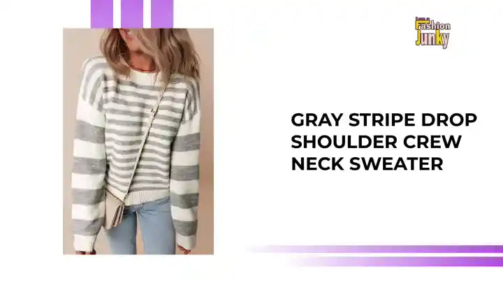 Gray Stripe Drop Shoulder Crew Neck Sweater by@Outfy