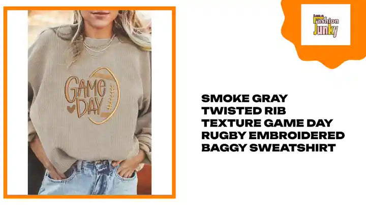 Smoke Gray Twisted Rib Texture game day Rugby Embroidered Baggy Sweatshirt by@Outfy