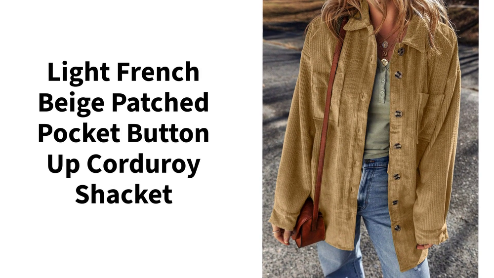 Light French Beige Patched Pocket Button Up Corduroy Shacket by@Outfy