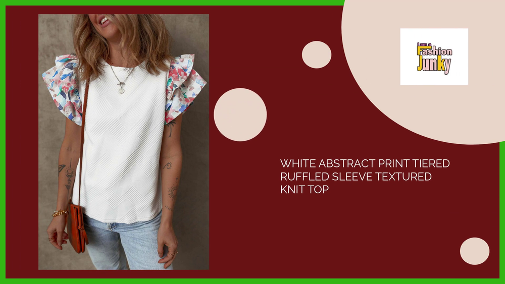 White Abstract Print Tiered Ruffled Sleeve Textured Knit Top by@Outfy