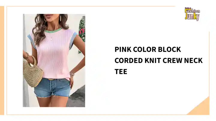 Pink Color Block Corded Knit Crew Neck Tee by@Outfy