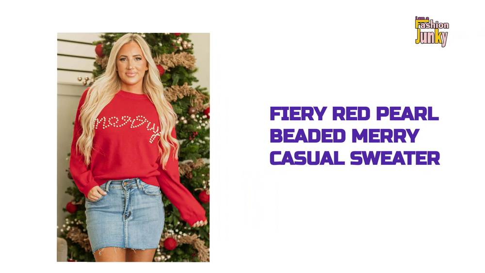 Fiery Red Pearl Beaded Merry Casual Sweater by@Outfy
