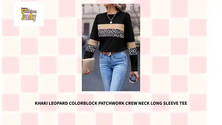 Khaki Leopard Colorblock Patchwork Crew Neck Long Sleeve Tee by@Outfy