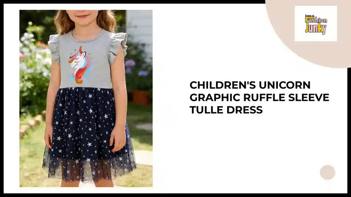 Children's Unicorn Graphic Ruffle Sleeve Tulle Dress by@Outfy