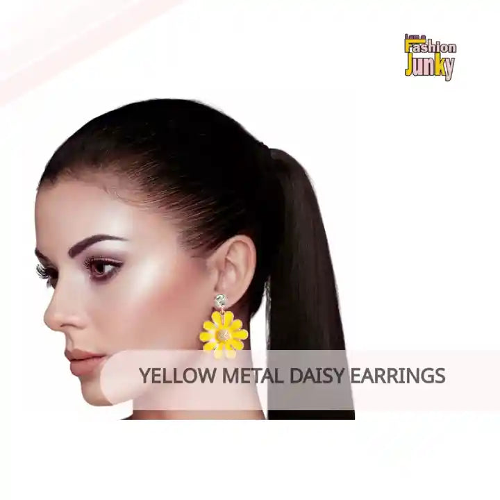 Yellow Metal Daisy Earrings by@Outfy
