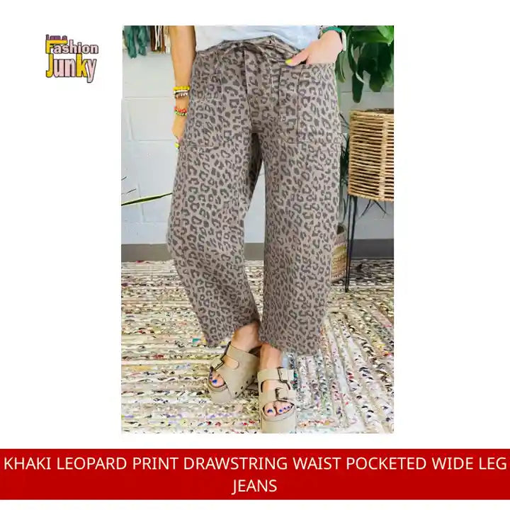 Khaki Leopard Print Drawstring Waist Pocketed Wide Leg Jeans by@Outfy