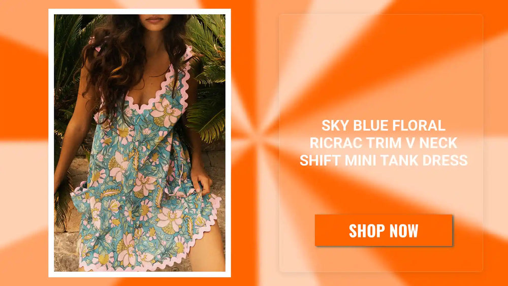 Sky Blue Floral Ricrac Trim V Neck Shift Mini Tank Dress by@Outfy