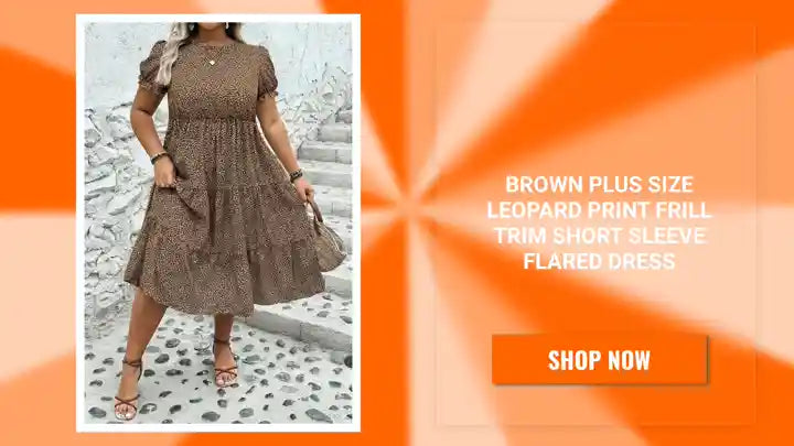 Brown Plus Size Leopard Print Frill Trim Short Sleeve Flared Dress by@Outfy