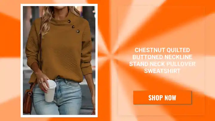 Chestnut Quilted Buttoned Neckline Stand Neck Pullover Sweatshirt by@Outfy