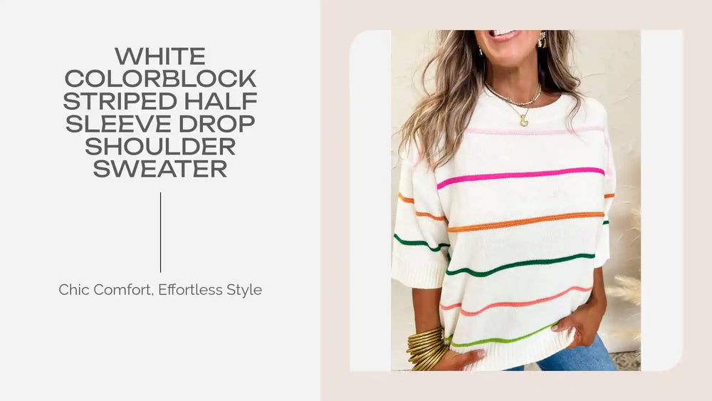 White Colorblock Striped Half Sleeve Drop Shoulder Sweater by@Outfy