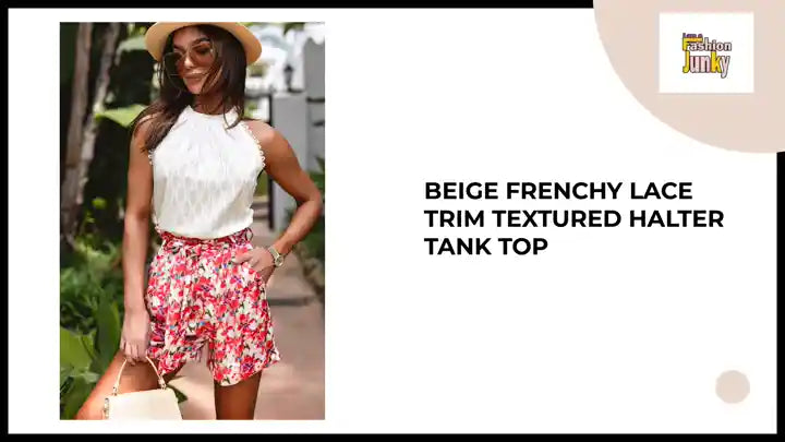 Beige Frenchy Lace Trim Textured Halter Tank Top by@Outfy
