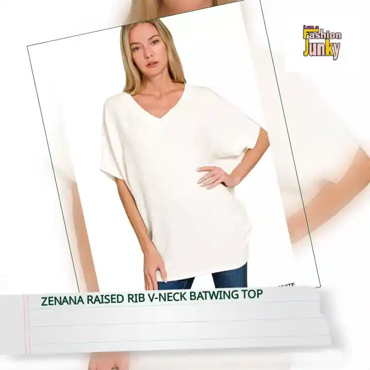 Zenana Raised Rib V-Neck Batwing Top by@Outfy