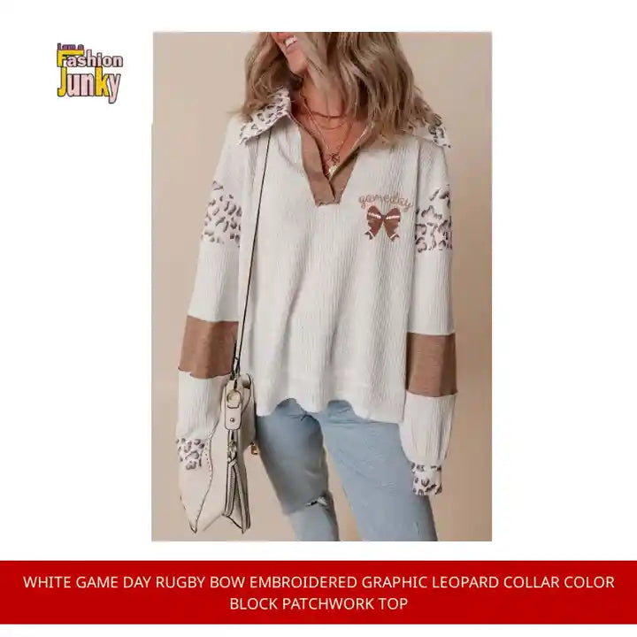 White game day Rugby Bow Embroidered Graphic Leopard Collar Color Block Patchwork Top by@Outfy