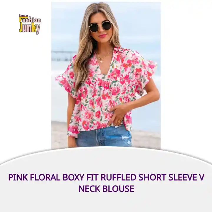 Pink Floral Boxy Fit Ruffled Short Sleeve V Neck Blouse by@Outfy