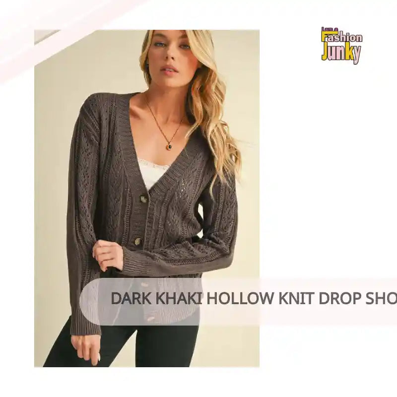 Dark Khaki Hollow Knit Drop Shoulder Cardigan by@Outfy
