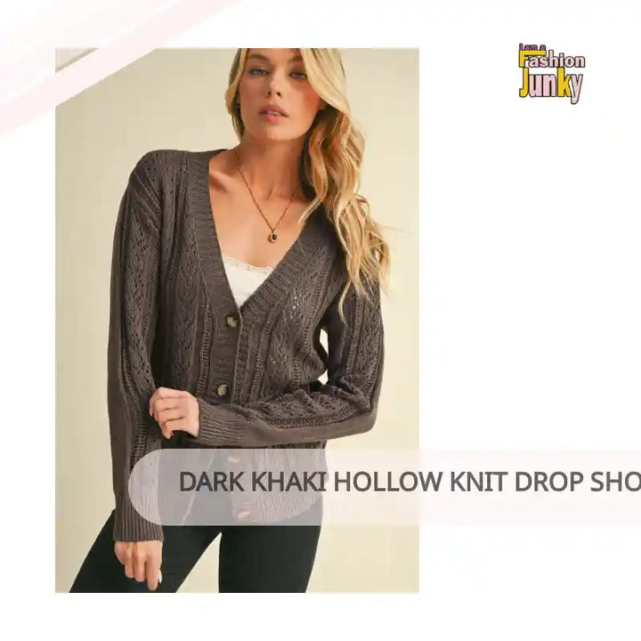 Dark Khaki Hollow Knit Drop Shoulder Cardigan by@Outfy