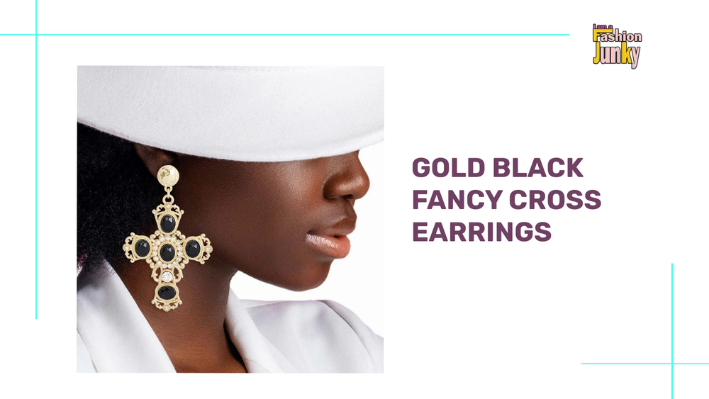 Gold Black Fancy Cross Earrings by@Outfy