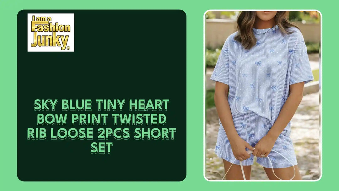 Sky Blue Tiny Heart Bow Print Twisted Rib Loose 2pcs Short Set by@Outfy