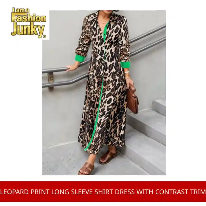 Leopard Print Long Sleeve Shirt Dress with Contrast Trim by@Outfy