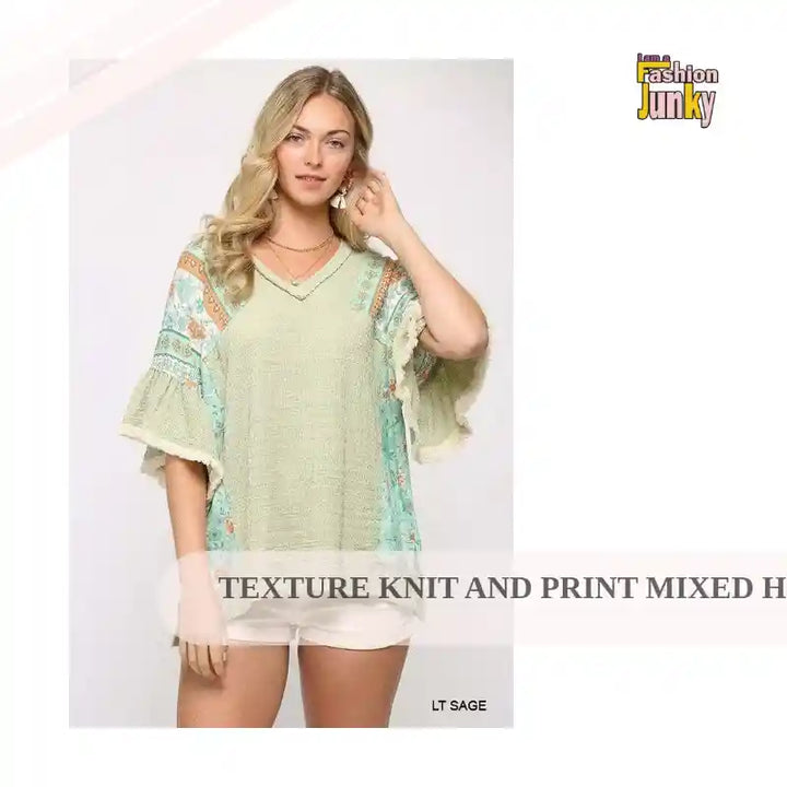 Texture Knit And Print Mixed Hi Low Hem Top by@Outfy