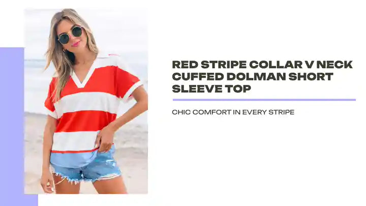 Red Stripe Collar V Neck Cuffed Dolman Short Sleeve Top by@Outfy