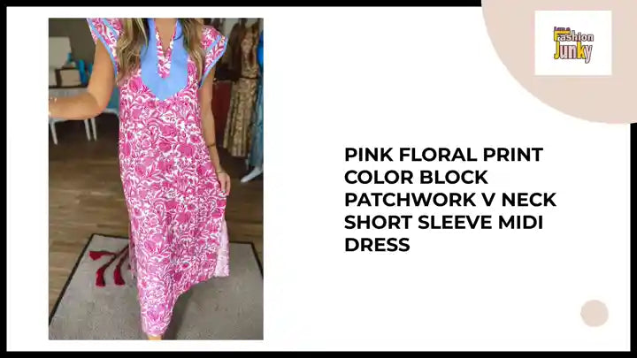 Pink Floral Print Color Block Patchwork V Neck Short Sleeve Midi Dress by@Outfy