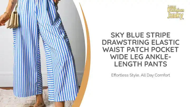 Sky Blue Stripe Drawstring Elastic Waist Patch Pocket Wide Leg Ankle-length Pants by@Outfy