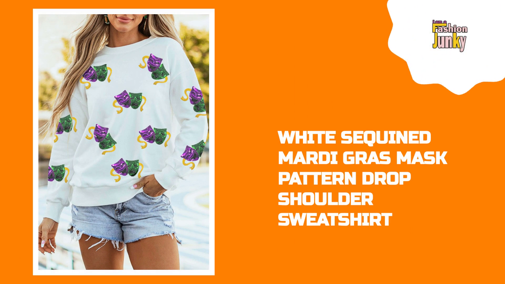 White Sequined Mardi Gras Mask Pattern Drop Shoulder Sweatshirt by@Outfy