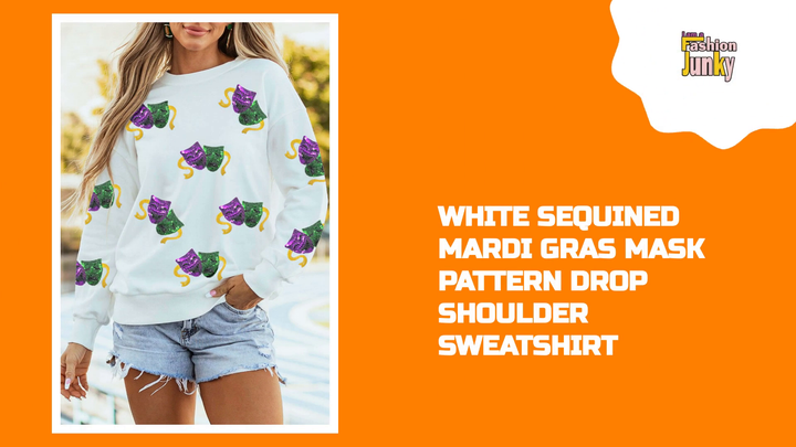 White Sequined Mardi Gras Mask Pattern Drop Shoulder Sweatshirt by@Outfy