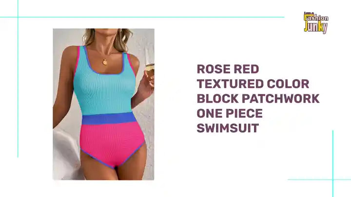 Rose Red Textured Color Block Patchwork One Piece Swimsuit by@Outfy