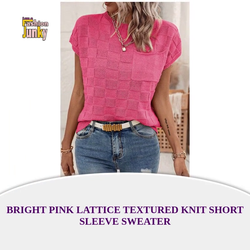 Bright Pink Lattice Textured Knit Short Sleeve Sweater by@Outfy