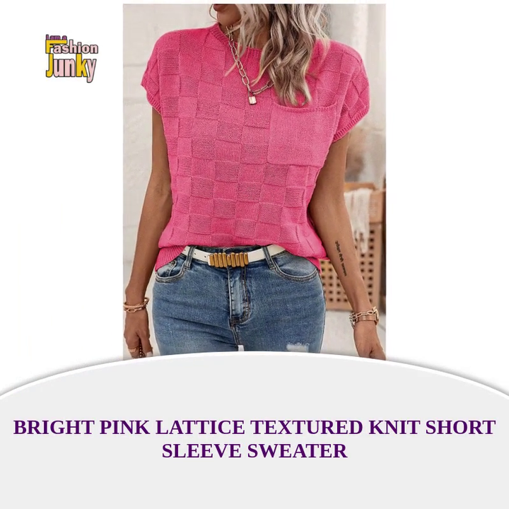 Bright Pink Lattice Textured Knit Short Sleeve Sweater by@Outfy