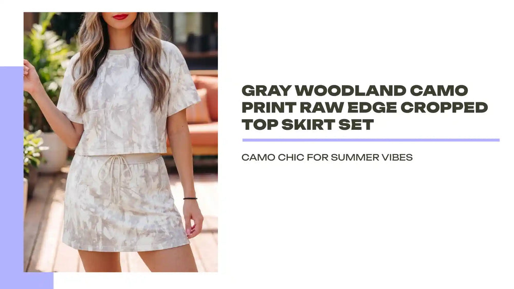 Gray Woodland Camo Print Raw Edge Cropped Top Skirt Set by@Outfy