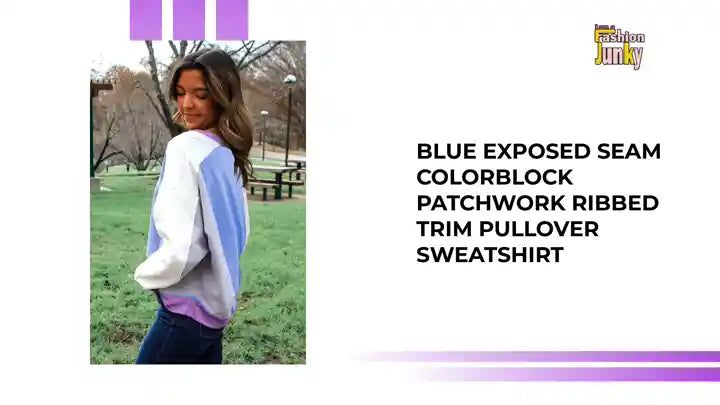 Blue Exposed Seam Colorblock Patchwork Ribbed Trim Pullover Sweatshirt by@Outfy
