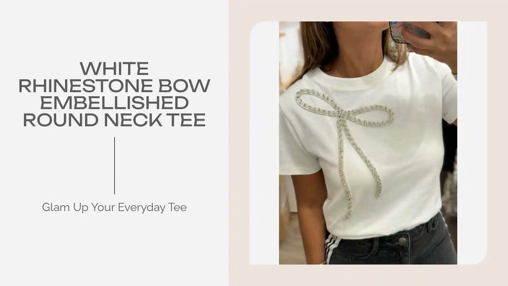White Rhinestone Bow Embellished Round Neck Tee by@Outfy