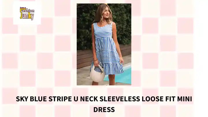 Sky Blue Stripe U Neck Sleeveless Loose Fit Mini Dress by@Outfy