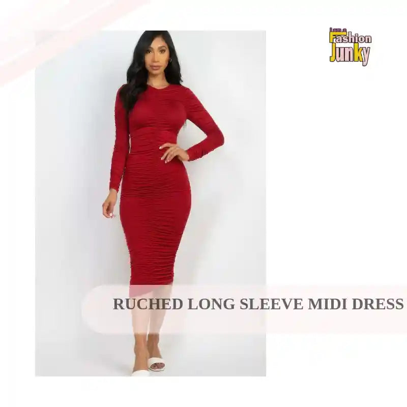 Ruched Long Sleeve Midi Dress by@Outfy