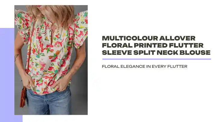 Multicolour Allover Floral Printed Flutter Sleeve Split Neck Blouse by@Outfy