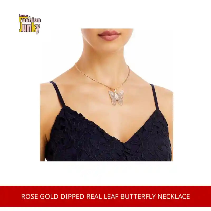 Rose Gold Dipped Real Leaf Butterfly Necklace by@Outfy
