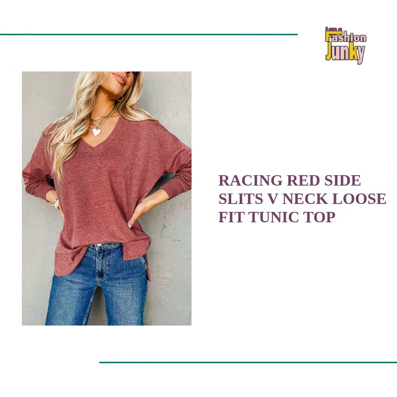 Racing Red Side Slits V Neck Loose Fit Tunic Top by@Outfy