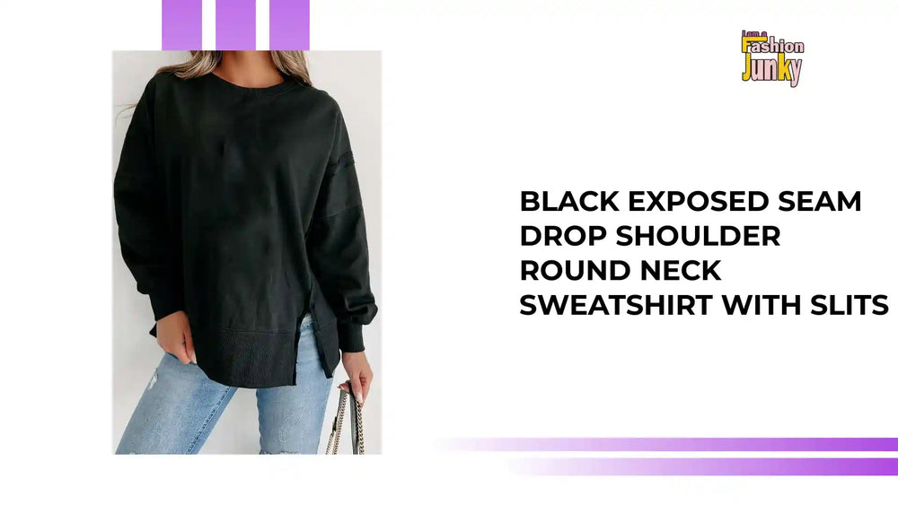 Black Exposed Seam Drop Shoulder Round Neck Sweatshirt with Slits by@Outfy