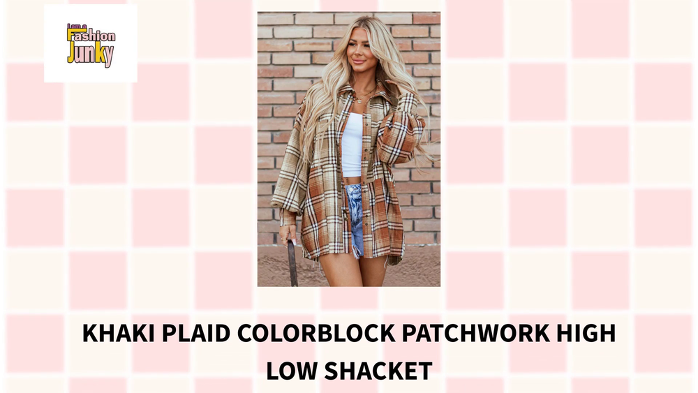 Khaki Plaid Colorblock Patchwork High Low Shacket by@Outfy