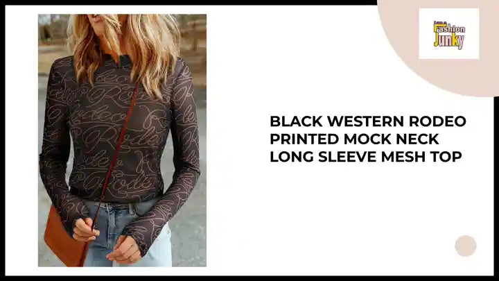 Black Western Rodeo Printed Mock Neck Long Sleeve Mesh Top by@Outfy