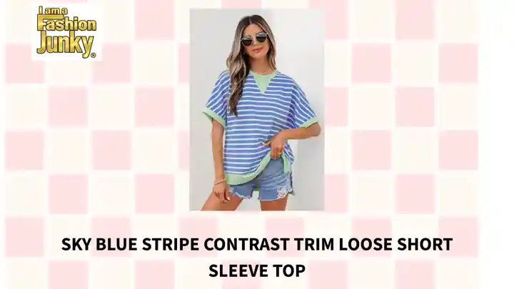 Sky Blue Stripe Contrast Trim Loose Short Sleeve Top by@Outfy