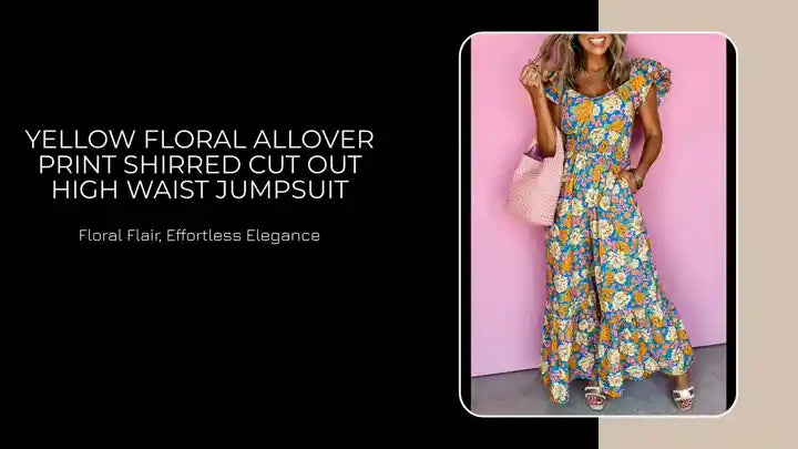 Yellow Floral Allover Print Shirred Cut Out High Waist Jumpsuit by@Outfy