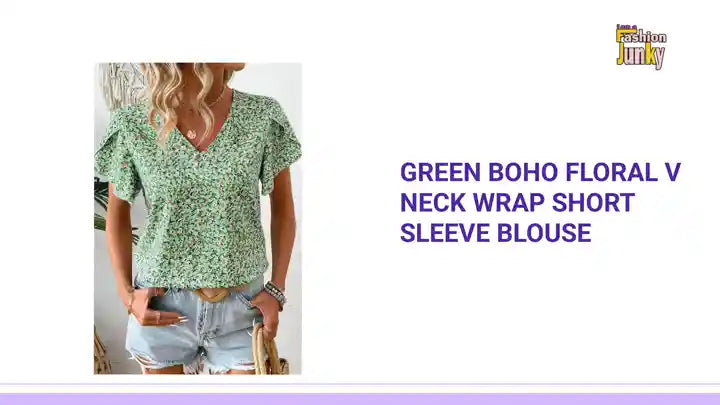 Green Boho Floral V Neck Wrap Short Sleeve Blouse by@Outfy