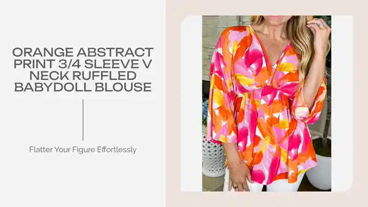 Orange Abstract Print 3/4 Sleeve V Neck Ruffled Babydoll Blouse by@Outfy